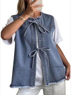 Distressed Denim Vest with Bow Tie Henley Style Sleeveless Jean Top